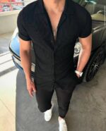 Crni letnji komplet košulja i pantalone, kratki rukavi, elegantan kroj