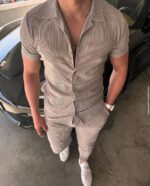 Sivi letnji komplet košulja i pantalone, mat tkanina, dnevni casual look